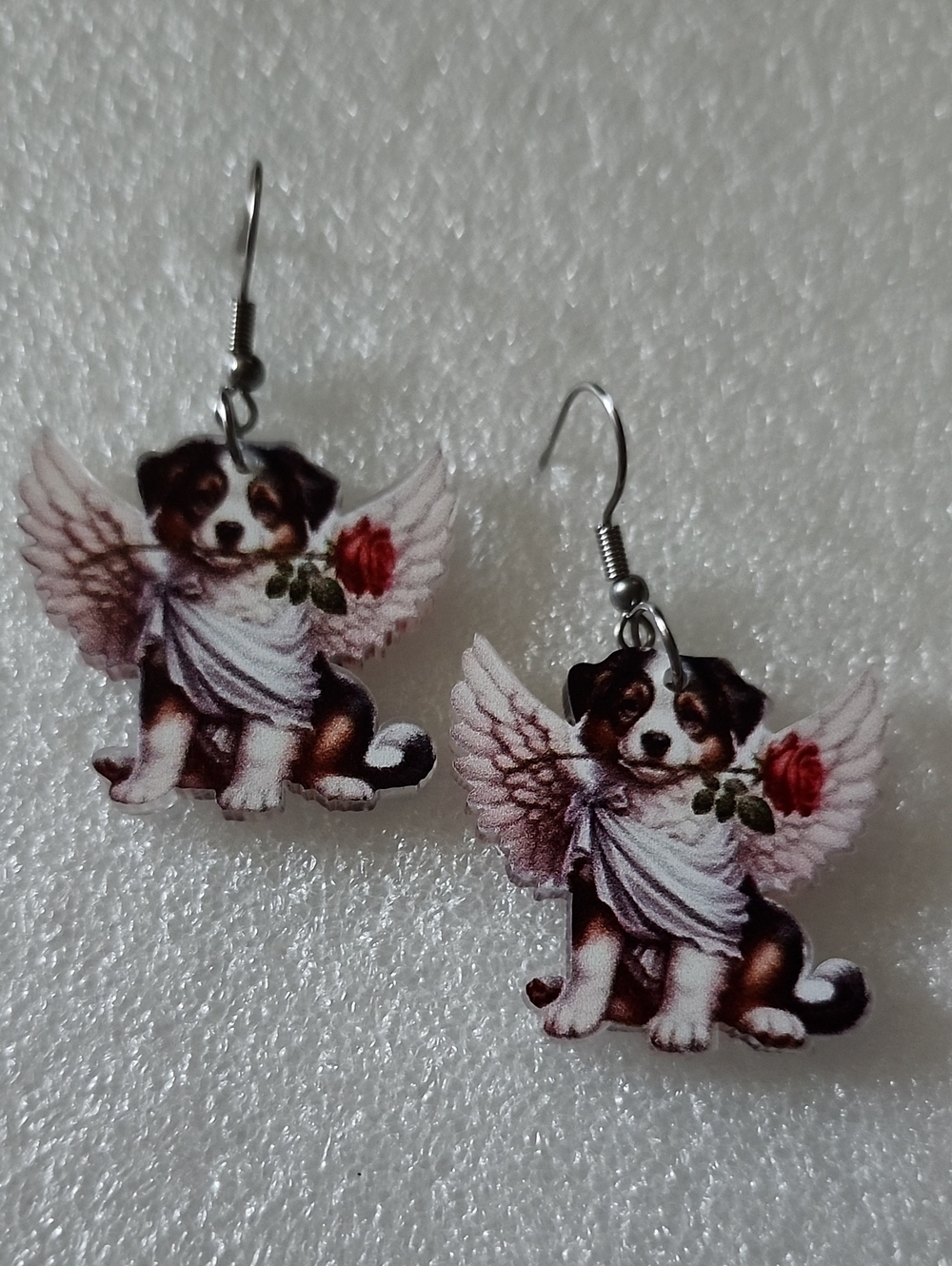 Hand Crafted Brown, White & Pink Angel Puppy Earrings with Red Rose